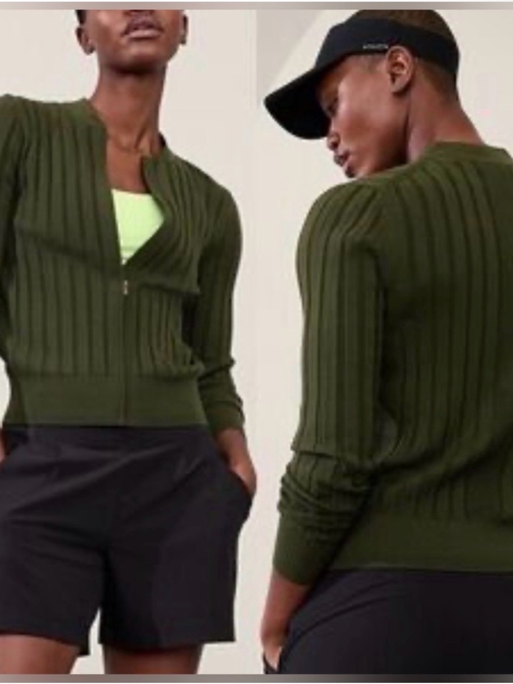 Athleta Fairway Golf Ribbed Zip-Front Sweater - Olive Green
